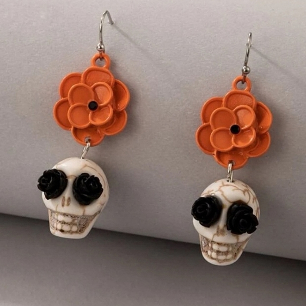 Day of the Dead Floral Sugar Skull Drop Dangle Earrings